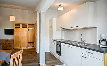 Eine Küchenzeile im Apartment Family Plus des Pechtlguts in Lofer