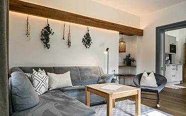 Eine gemütliche Couch im Wohnbereich des Apartments Landhaus Garden im Pechtlgut in Lofer