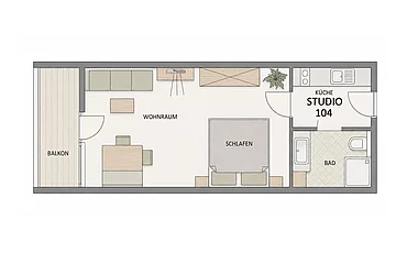 The floor plan of Apartment 104 at the Pechtlgut in Lofer