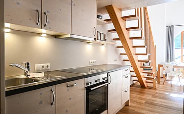 The kitchen at the Haupthaus Gallery at the Pechtlgut in Lofer
